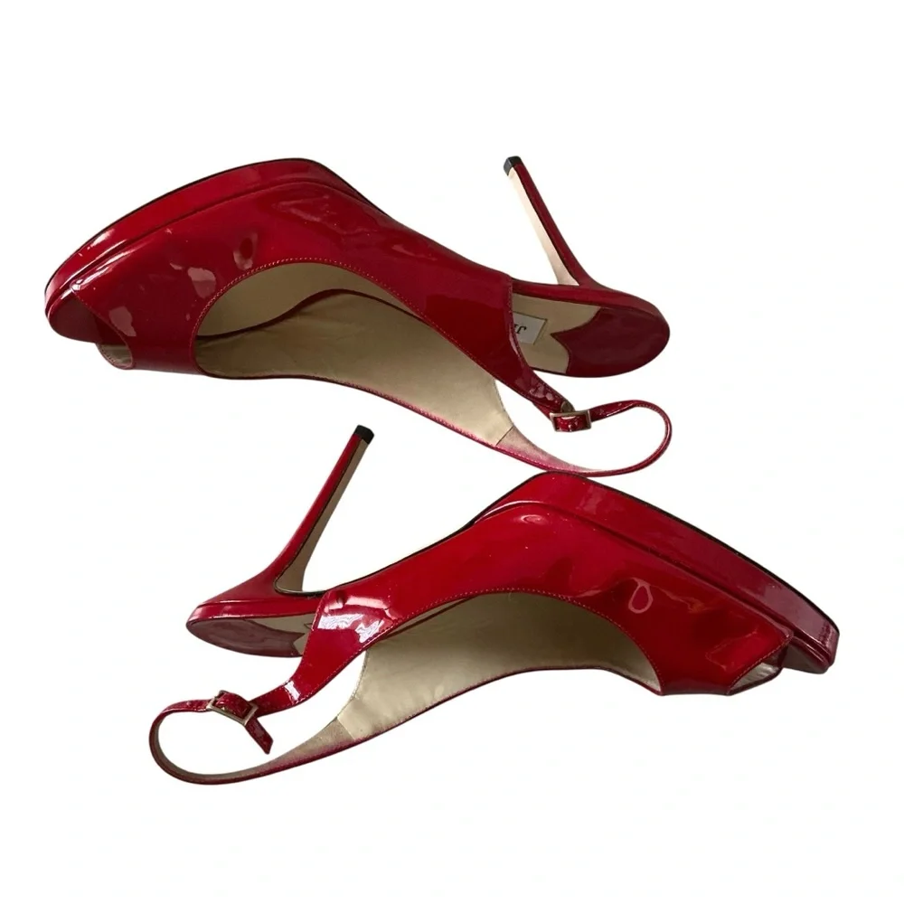 Jimmy Choo nova red patent leather Clue peep toe slingback platform shoes 40